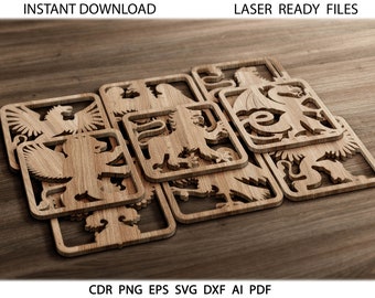 May include: A set of eight laser-cut wooden coat of arms designs featuring various heraldic symbols, including lions, eagles, and dragons. The designs are layered on top of each other, creating a three-dimensional effect. The wood is a light brown color, and the designs are cut out with intricate detail.
