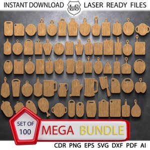 100 keuken snijplank MEGA Set SVG. Bord voor brood, borden voor het serveren van gerechten, vormen voor lasersnijden, vector snijplanken SVG