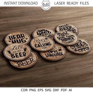 20 sottobicchieri di birra, modelli di sottobicchiere per sottobicchieri rotondi per birra Sottobicchieri con citazione di birra, file SVG DXF vettoriali Download istantaneo file cnc GlowForge
