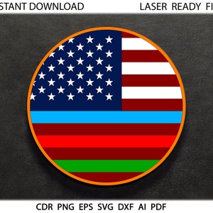 警察消防士軍旗 svg、SVG Glowforge プロジェクト 丸いドアハンガー svg Cricut シルエット、Glowforge レーザー ファイル、星条旗