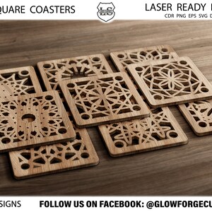 May include: Twenty laser-cut square coasters with intricate geometric designs. The coasters are made of wood and have a natural finish. The text "LASER READY FILES" and "CDR PNG EPS SVG DXF" is visible in the top right corner of the image. The text "20 DESIGNS" is visible in the bottom left corner of the image. The text "FOLLOW US ON FACEBOOK: @GLOWFORGECUTLAB" is visible in the bottom center of the image.