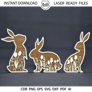 Fichier SVG de lapins debout 1/8, 1/8 SVG de lapins floraux, fichiers de Pâques Glowforge, lapin SVG découpé au laser, fichier de coupe lapin debout Fichier Svg de Pâques
