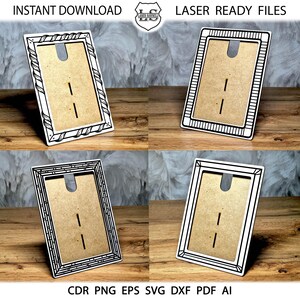 May include: Four different designs for a picture frame, each with a different border pattern. The frames are made of wood and have a light brown color. The frames are all the same size and have a rectangular shape. The text "INSTANT DOWNLOAD" and "LASER READY FILES" is visible at the top of the image.