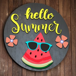 Hello Summer Welcome Sign, Round Door Hanger SVG, Summer Sign Svg, Watermelon Summer Door Decor, Glowforge, Png, Dxf, Svg Files for Cricut