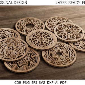 28 Round Mandala Wood Metal Coasters. Wall Decor vector files svg dxf cdr eps png. Laser cut dxf files for CNC. Trivet Grill Cutting files.