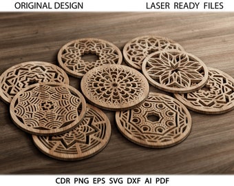 28 Round Mandala Wood Metal Coasters. Wall Decor vector files svg dxf cdr eps png. Laser cut dxf files for CNC. Trivet Grill Cutting files.