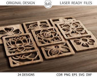 May include: A set of eight wooden coasters featuring intricate laser-cut floral designs. The coasters are stacked on top of each other, showcasing the different patterns. The coasters are made from natural wood and have a rustic look. 24 DESIGNS CDR PNG EPS SVG DXF