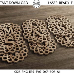 May include: Three wooden laser cut ornaments spelling out the word "SAM" in a decorative font. The ornaments are on a woodgrain background.