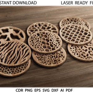 20 Animal Skin Coasters SVG, Circle Animal Coasters SVG, Clowforge coasters, Glowforge cut files Dxf Eps Png Wood coasters CNC metal trivets