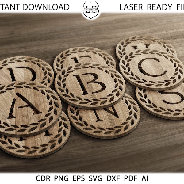 A-Z Coasters, Glowforge coasters SVG, Monogram coasters SVG Round Design, Monogram Cutting File for Laser, CNC, Plasma, Water Zet, Cricut