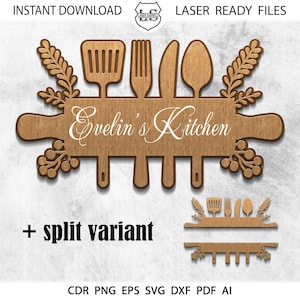 Puede incluir: Un letrero de cocina de madera con forma de rodillo y el texto "Evelin's Kitchen". El letrero presenta una espátula, un tenedor, un cuchillo y una cuchara, junto con ramas frondosas y bayas. El letrero está diseñado para corte por láser.