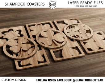 20 Shamrocks Coaster, Shamrocks Coaster svg, Custom lucky coasters svg cdr eps png. Laser cut dxf files for CNC. Trivet Grill Cutting files.