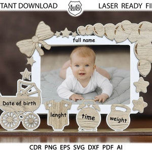Babyfotolijstje. Metriek kind. Glowforge gesneden bestand Lasergesneden bestanden. aankondiging fotolijst, geboortedetails. Svg, pdf, dxf. Digitaal patroon