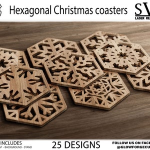 Posavasos de Navidad, 25 snowflake hexagonal Wood Coaster, Trivet Wall Decor Templates Vector Digital SVG DXF, Laser Cutting Plasma Cricut