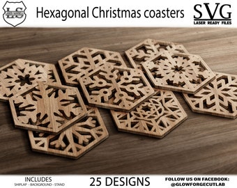 Christmas coasters, 25 Snowflake Hexagonal Wood Coaster, Trivet Wall Decor Templates Vector Digital SVG DXF, Laser Cutting Plasma Cricut