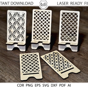 6 Laser Cut Wooden Mobile Phone Stand Cell Phone Holder Digital Download SVG, Phone Stand Laser cut file, Mobile phone wooden stand cut file