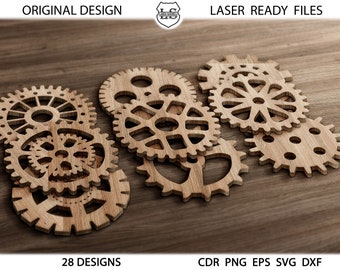 May include: Five wooden gears of different sizes and shapes, interlocked together. The gears are made of light brown wood and have intricate designs. The gears are arranged in a cluster on a wooden surface.