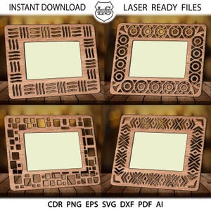 Peut inclure: Quatre designs différents de cadres photo en bois découpés au laser. Chaque cadre présente un motif géométrique unique. Les cadres sont prêts à être assemblés et personnalisés.