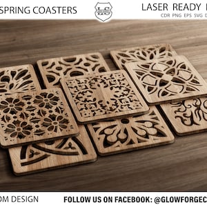 May include: Eight laser-cut wooden coasters with intricate floral and geometric designs. The coasters are arranged in a staggered pattern on a wooden surface. The text "SPRING COASTERS" and "LASER READY FILES" is visible in the image.
