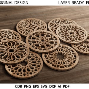 20 Round Ramadan Wood Metal Coasters. Wall Decor vector files svg dxf cdr eps png. Laser cut dxf files for CNC. Trivet Grill Cutting files.