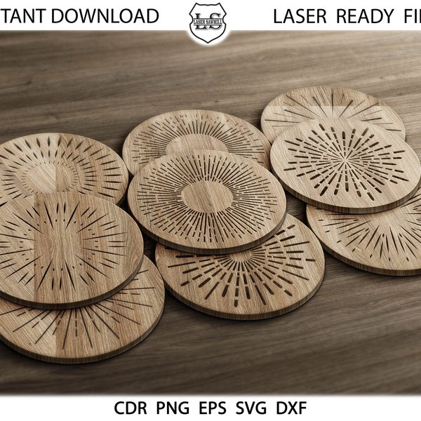 24 Sunbursts coasters, Wood Coaster, Trivet Wall Decor Templates Vector Digital SVG DXF, Laser Cutting Plasma Cricut Glowforge files CNC Svg