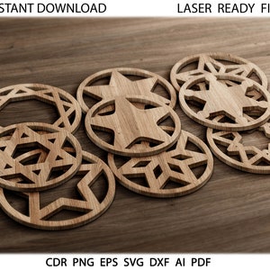 Stars Wood Metal Coasters. 27 Stars Coasters Wall Decor vector files svg cdr eps, Laser cut dxf files for CNC. Trivet Grill Cutting files.