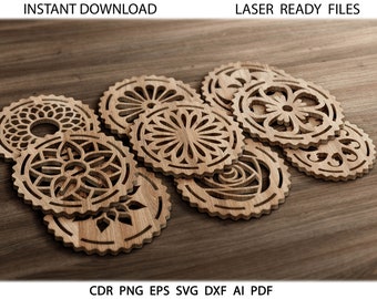 May include: Set of seven laser cut wooden coasters with intricate geometric designs. The coasters are made of natural wood and have a light brown color.