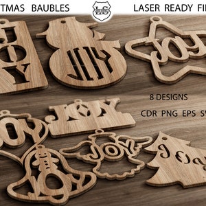 8 bombek świątecznych JOY, Joy svg, bombki świąteczne, pliki Glowforge, dekoracje drewniane CHRISTMAS, bombki dekoracyjne na choinkę, ozdoba choinkowa