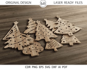 May include: Seven wooden Christmas tree ornaments with various designs, including polka dots, stars, and lines. The ornaments are arranged on a wooden surface.
