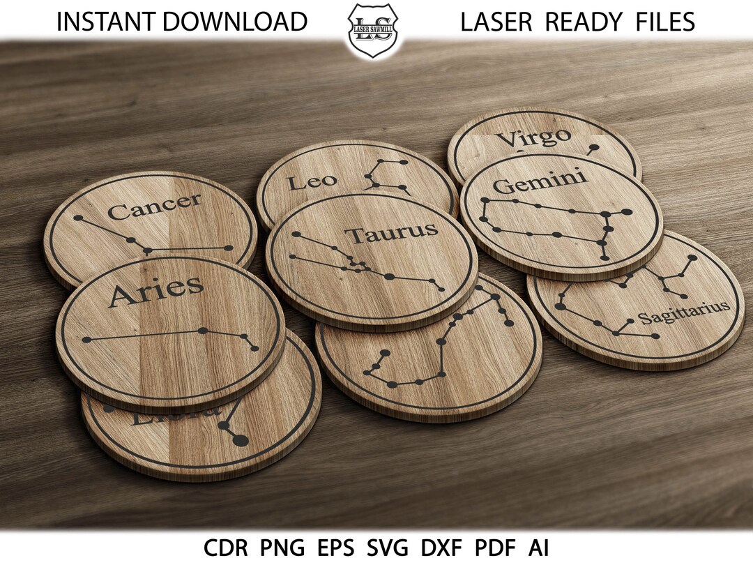 Zodiac Coasters, Wood Metal Zodiac Coasters. Wall Decor Vector Files
