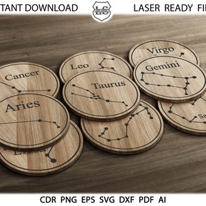 Sottobicchieri zodiacali, sottobicchieri zodiacali in legno e metallo. File vettoriali Wall Decor svg dxf cdr eps png File tagliati al laser per file CNC Trivet Grill Cutting.