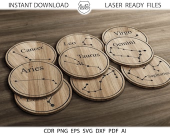 Zodiac coasters, Wood Metal Zodiac Coasters. Wall Decor vector files svg dxf cdr eps png Laser cut files for CNC Trivet Grill Cutting files.