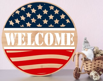 America Flag Round svg, Welcome Sign svg, Round door hanger svg, July 4th door sign svg, Cricut, Silhouette, Glowforge, Stars and stripes