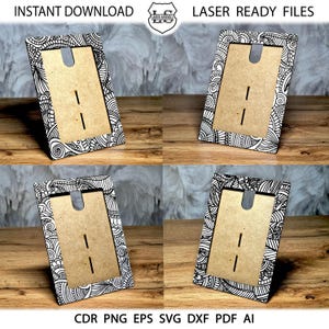 May include: A black and white digital design for a picture frame with a decorative border. The design is ready to be cut on a laser cutter. The design is available in CDR, PNG, EPS, SVG, DXF, PDF, and AI formats.
