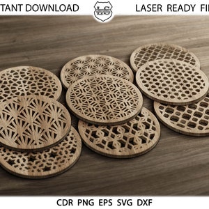 20 Round Mandala Wood Metal Coasters. Wall Decor vector files svg dxf cdr eps png. Laser cut dxf files for CNC. Trivet Grill Cutting files.