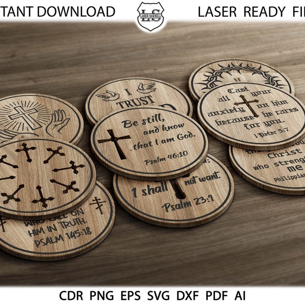 13 Christian Coasters, Religious Round Coaster Grill Trivet Templates Vector SVG DXF Files Instant Download GlowForge Cutting Cricut Maker