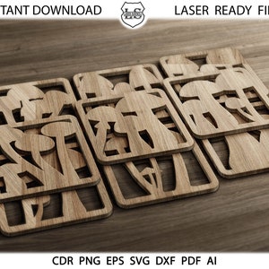 12 Mushroom coasters svg, 12 Mushroom trivets laser svg, mushroom coasters decor for shelf, mushroom sign for Glowforge and Laser Cut Files
