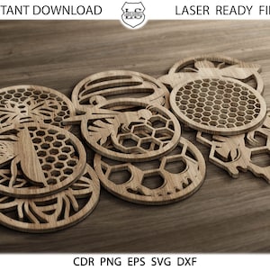 13 Bee Coasters, Bee Round Coaster Grill Trivet Templates Vector SVG DXF Files Download istantaneo cnc GlowForge Laser Cutting Cricut Maker
