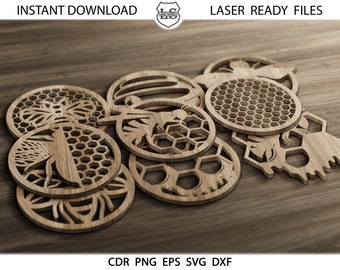 13 Bee Coasters, Bee Round Coaster Grill Trivet Templates Vector SVG DXF Files Instant Download cnc GlowForge Laser Cutting Cricut Maker