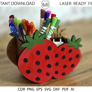 Suporte para caneta de lápis de morango Arquivo SVG, presente personalizado para professor Glowforge, arquivos de corte Glowforge de morango, arquivos CNC, presente DIY personalizado