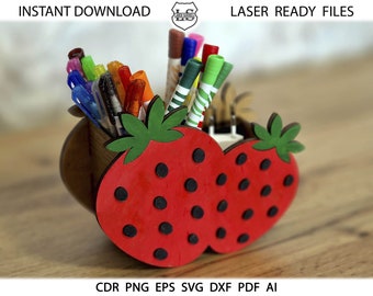 Strawberry Pencil Pen Holder SVG File, Glowforge Personalized Teacher Gift, Strawberry Glowforge Cut Files, CNC files, Personalized DIY Gift