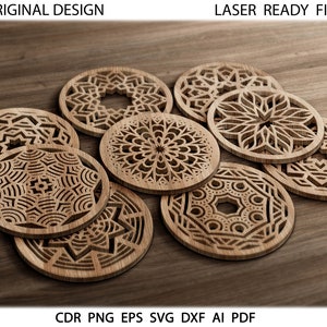 MEGA BUNDLE -  145 Round Mandala Wood Coasters, Glowforge Mandala cut files, Mandala Wall Decor Svg Cdr Eps Png Mandala coasters.