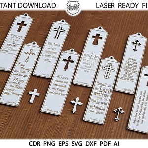May include: A set of ten laser-cut bookmark designs featuring Christian crosses and inspirational bible verses. The bookmarks are white with brown text and are arranged on a wooden surface.