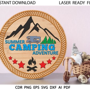 Summer Camping Retro sign SVG, Digital download, Glowforge laser file, Cricut, Silhouette cut file, Round door hanger svg, Camper sign decor