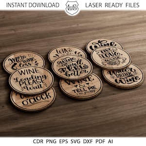 20 wijnonderzetters, wijnronde onderzetter grill onderzettersjablonen wijncitaatonderzetters, vector SVG DXF-bestanden Instant Download cnc GlowForge-bestanden