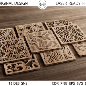 15 Coaster de madeira quadrada Trivet modelos de decoração de parede Vector Digital SVG DXF Arquivos - download instantâneo Baixar Corte a laser Plasma Cricut