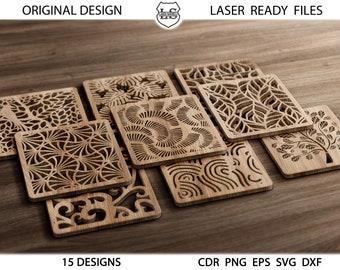 15 Square Wood Coaster Trivet Wall Decor Templates Vector Digital SVG DXF Files  - instant download Download Laser Cutting Plasma Cricut