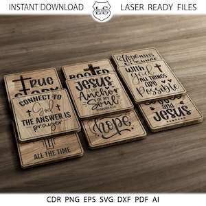 15 sottobicchieri cristiani, sottobicchiere quadrato religioso modelli sottopentola griglia vettoriale file SVG DXF download immediato GlowForge Cutting Cricut Maker