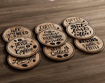 18 Posavasos de café, Plantillas de salvamanteles de parrilla de posavasos redondos de café Posavasos de cotización de café Vector SVG DXF Archivos Descarga instantánea cnc GlowForge