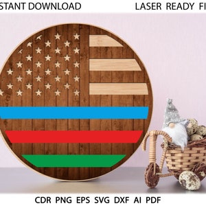 警察消防士軍旗 svg、SVG Glowforge プロジェクト 丸いドアハンガー svg Cricut シルエット、Glowforge レーザー ファイル、星条旗